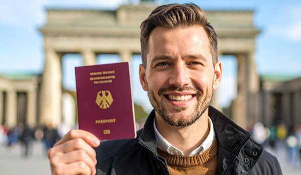 Firefly_164867 Man with passport in front of Brandenburger Tor